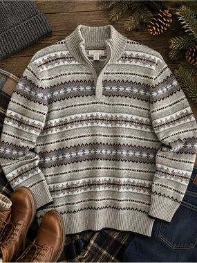 NWT Aspen Men’s XXL Merino Wool Fair Isle Quarter Zip Sweater Gray